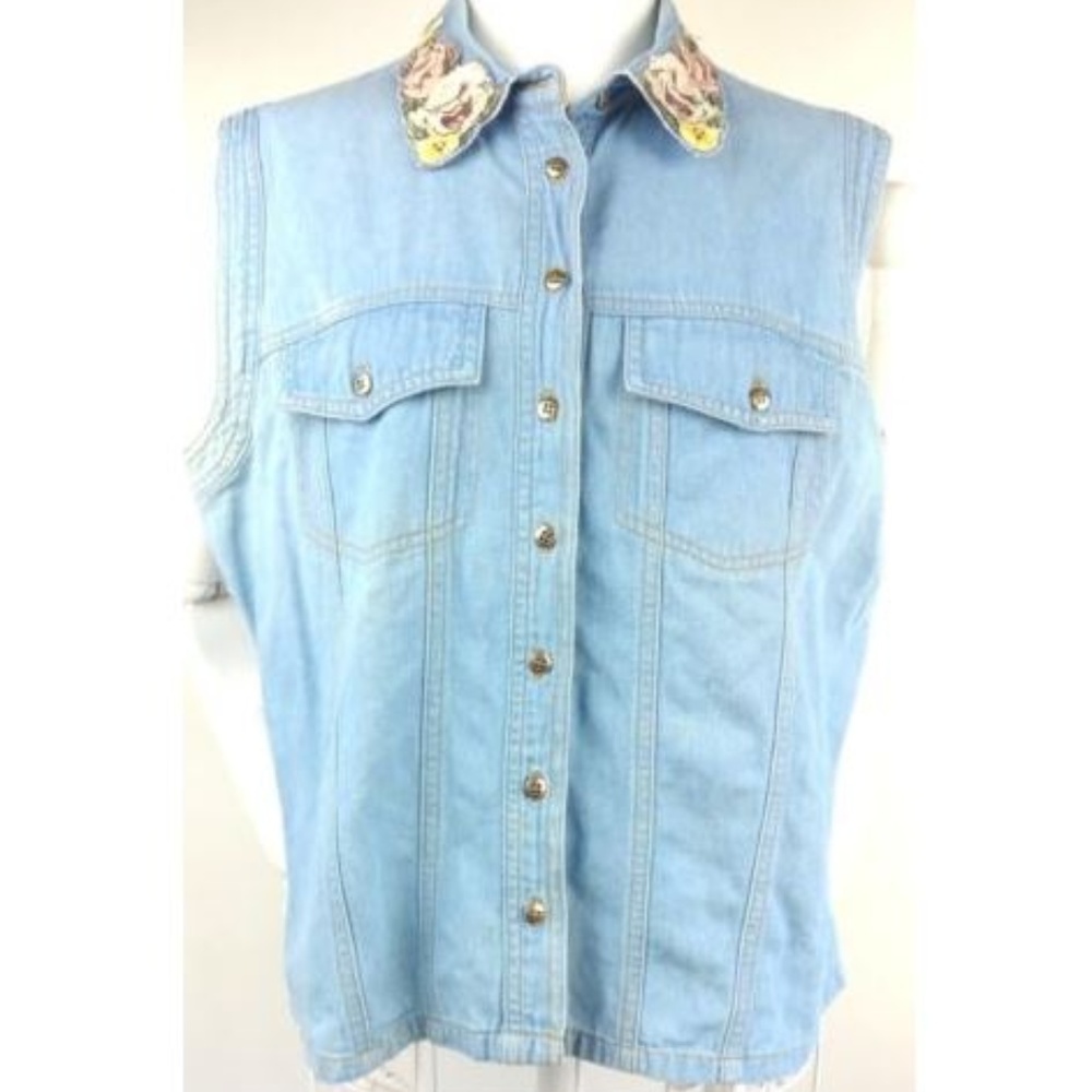 Vintage 80s Floral Denim Vest Applique Collar L